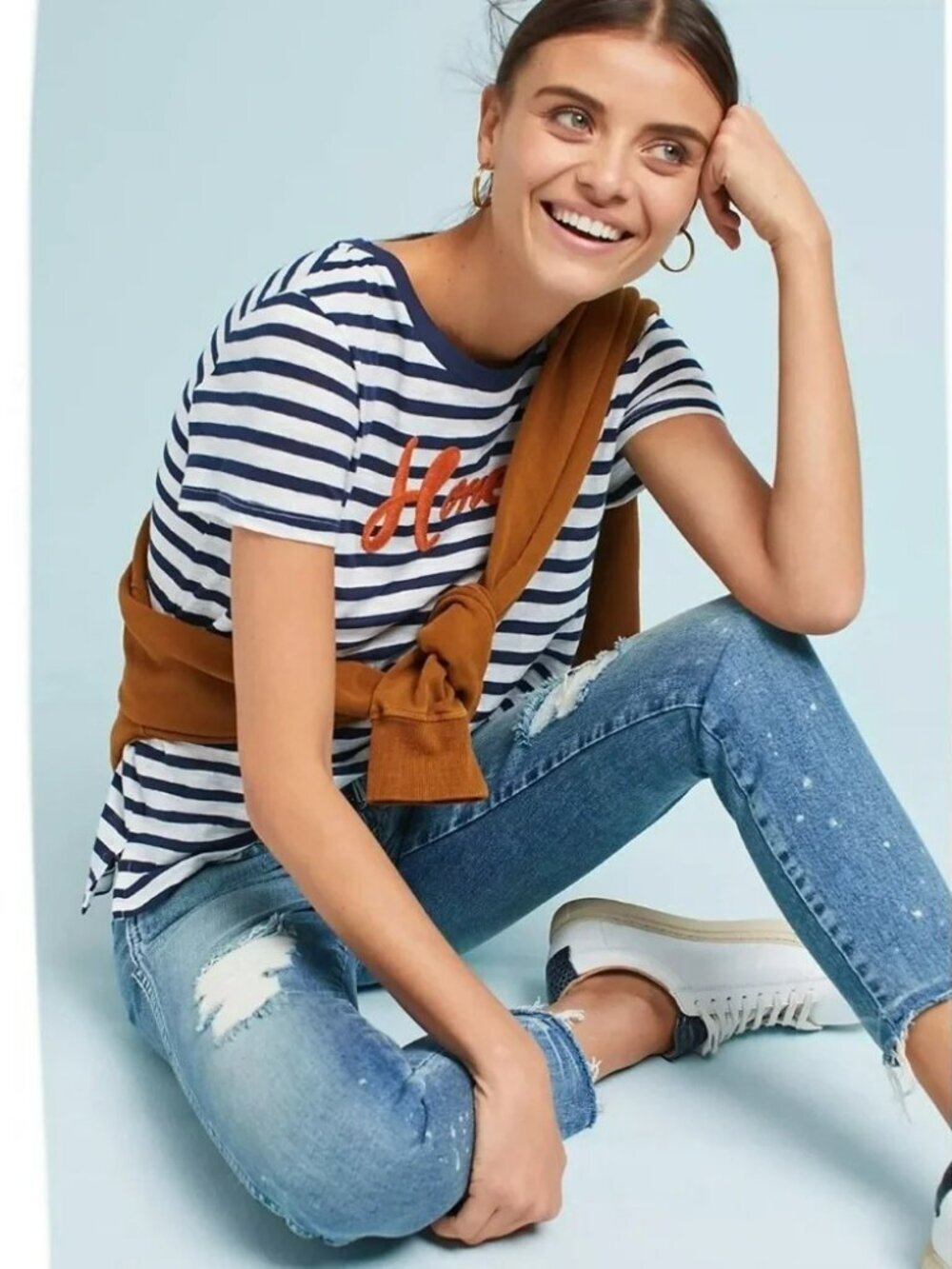 Anthropologie Honey Striped T-Shirt White & Blue Short Sleeve Graphic Print XS
